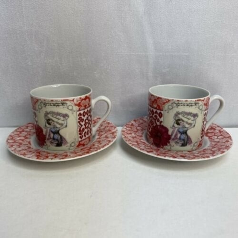 Vintage Gloria Vanderbilt 2 Piece Set Demi Teacups & Saucers Mushrooms Reds - Picture 3 of 10